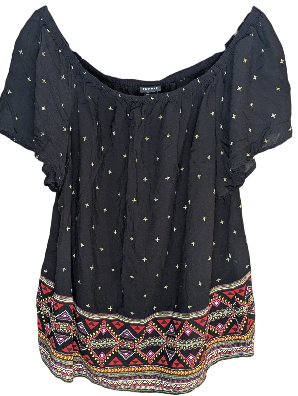 Torrid Challis Black Tribal Print Off the Shoulder Rayon Blouse Size 2 18/20 2X